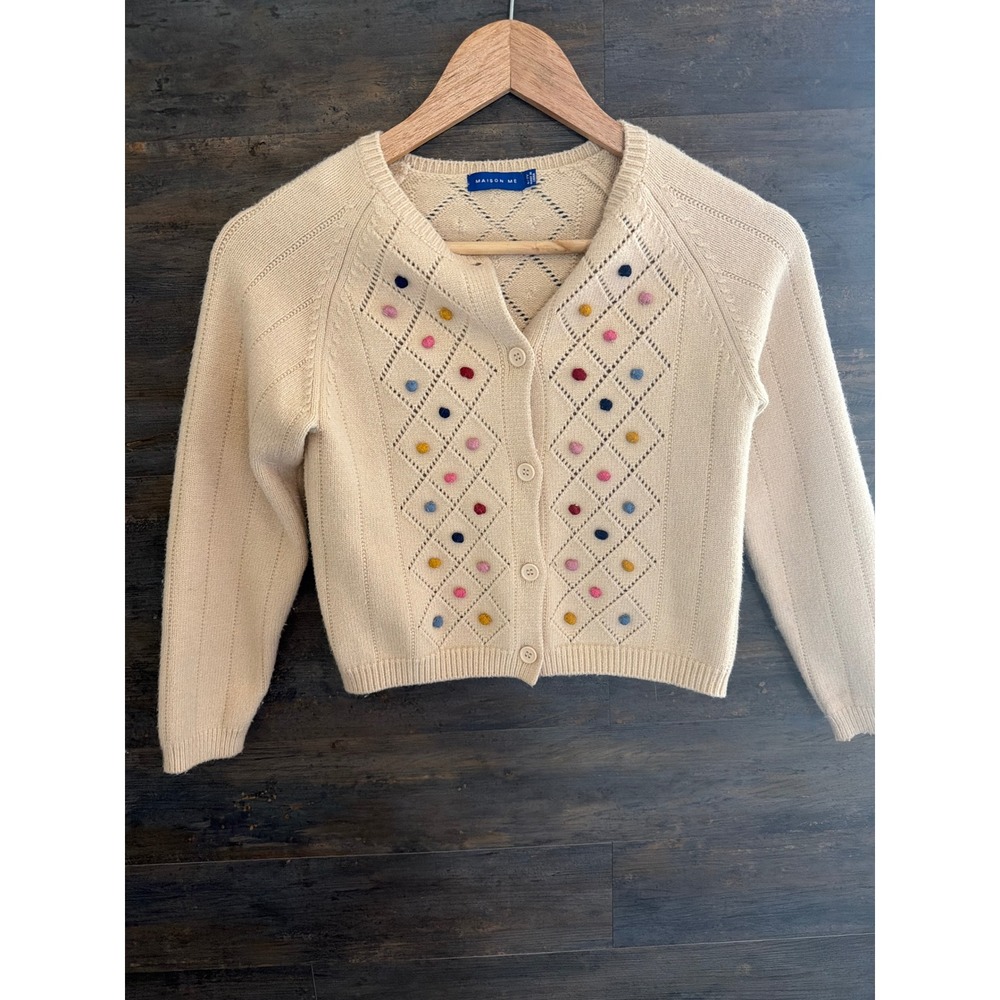 Maison Me Kids Cream Pointelle Pom Pom Cardigan Sweater MK-SW500 Size 6-7Y